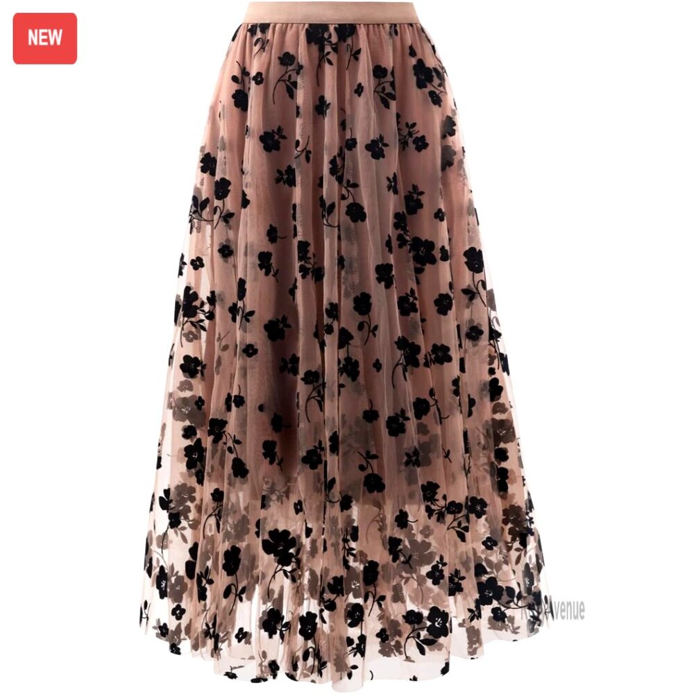 Midi Tulle Skirt High Waist Floral Lace Summer Casual Dressy A-Line